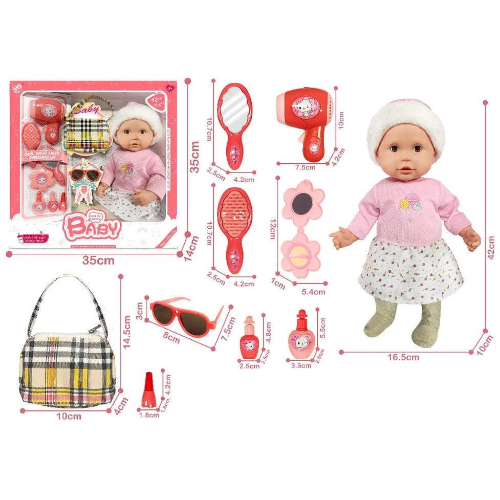 Xinle Tong cotton doll hat set with pink sweater and accessories for 18-inch fashion doll