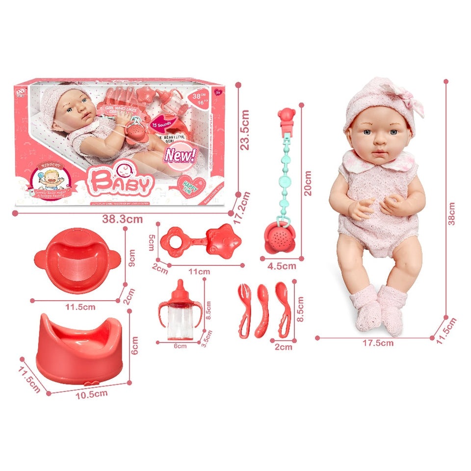 Xinle Tong Cotton Doll Pink from XINLE TOYS with accessories set including bottle, sippy cup, spoon, teether and pacifier.