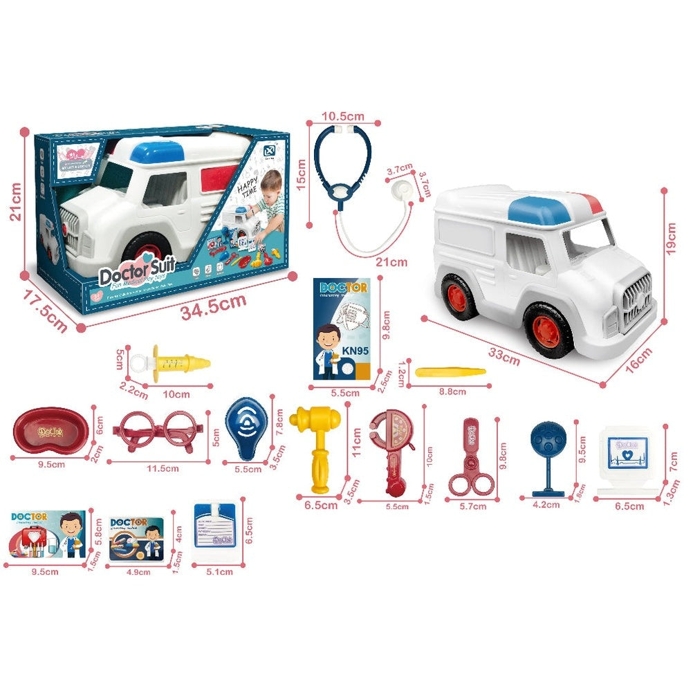 Xinle Tong Doctor Set toy medical kit with white ambulance truck and stethoscope, syringe, and accessories