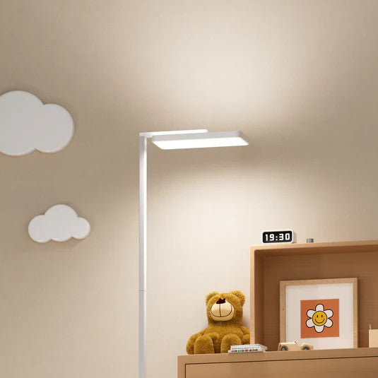 Yeelight Natural Light Floor Lamp, white finish, lit in a cozy nursery with a teddy bear and cloud decor.