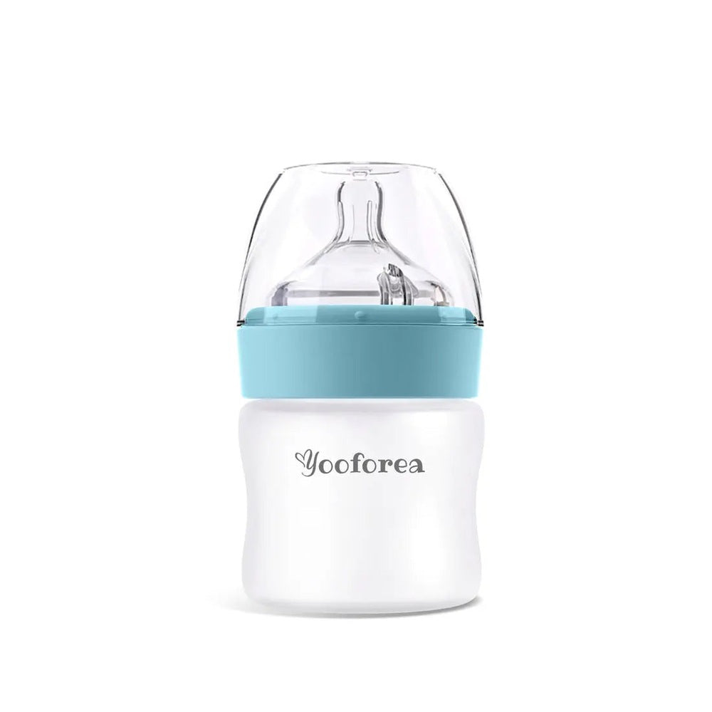 Yooforea Silicone Coated Glass Baby Bottle 3oz/90ml, white with blue silicone collar, standing upright.