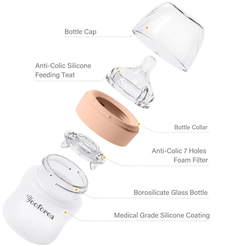 Yooforea silicone-coated glass baby bottle 3oz/90ml, disassembled to reveal anti-colic teat, cap, and collar