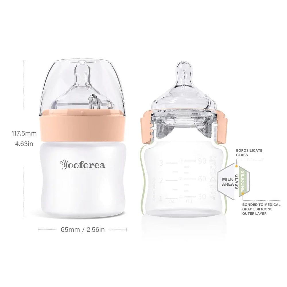 Yooforea Silicone Coated Glass Baby Bottle 3oz/90ml; pink band, clear nipple, two bottles shown for feeding