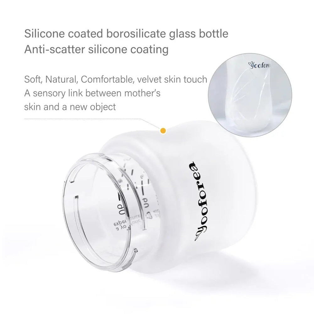 Yooforea silicone coated borosilicate glass baby bottle 3oz/90ml lying on its side, showcasing anti-scratch coating