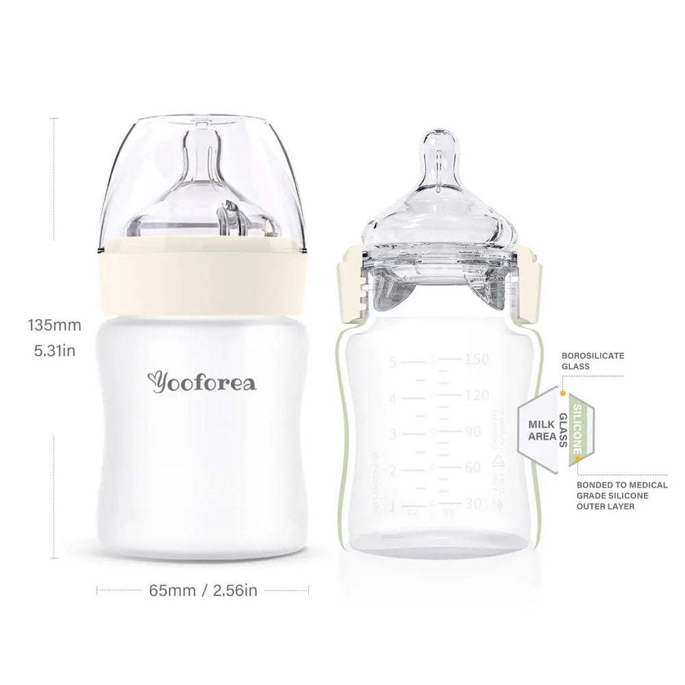 Yooforea Silicone Coated Glass Baby Bottle 5Oz/150ml in cream sleeve with nipple cap, showing clear silicone coating.