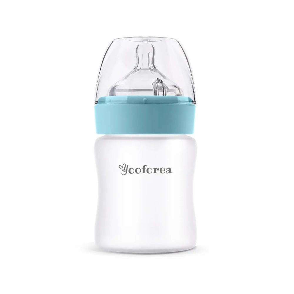 Yooforea silicone coated glass baby bottle 5oz/150ml with light blue collar, standing upright.