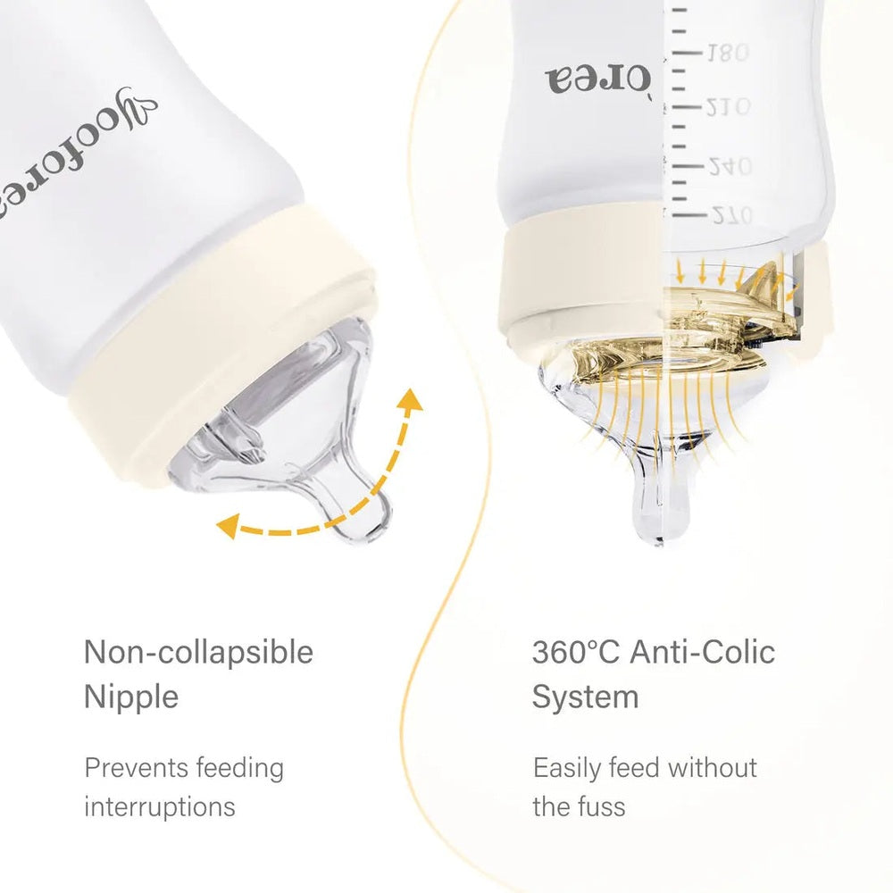 Yooforea Silicone Coated Glass Baby Bottle 9oz/270ml, white, featuring a rotating non-collapsible nipple and 360 anti-colic system.