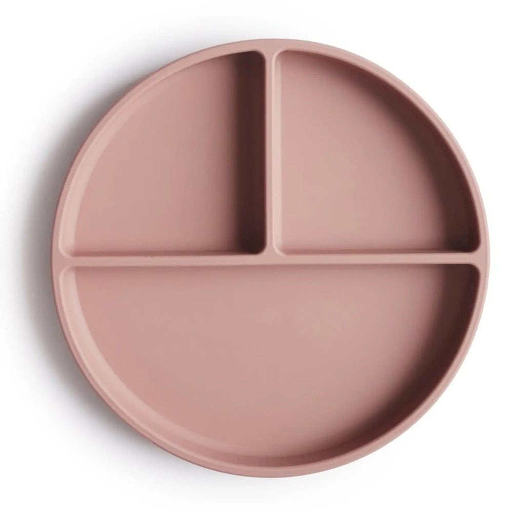 Yooforea Silicone Suction Plate pink showing three-compartment layout keeping foods separated during mealtime.