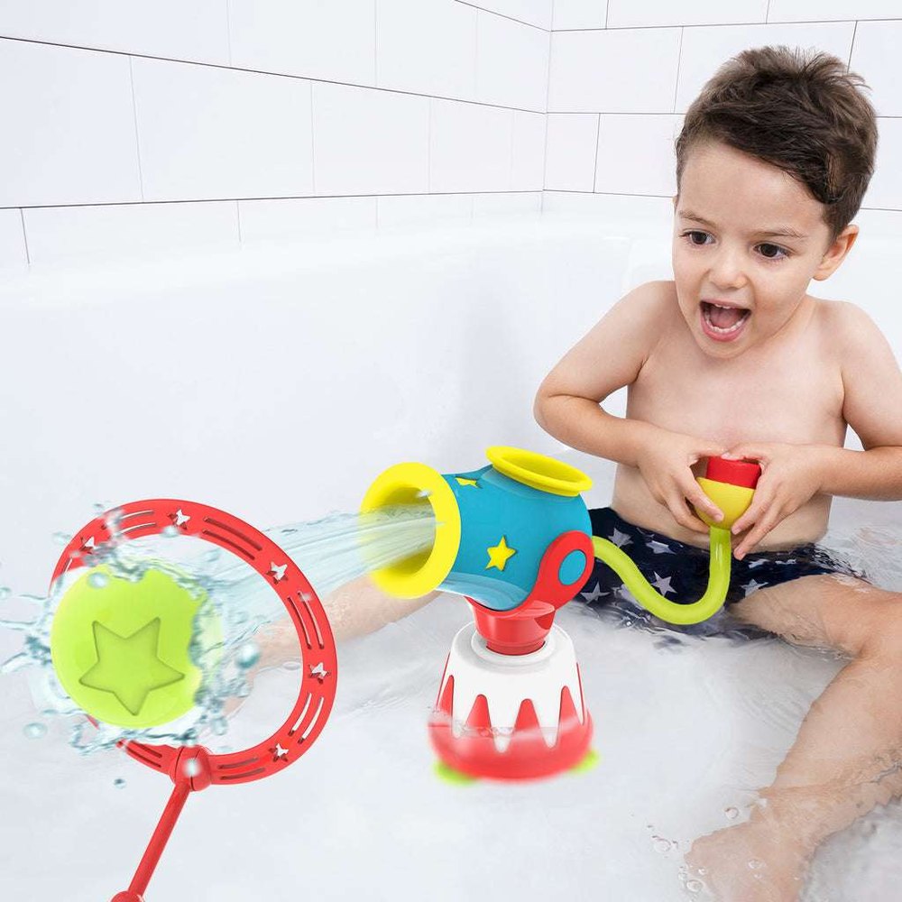 Yookidoo Ball Blaster Water Cannon bath toy; blue, red and yellow interactive launcher for kids