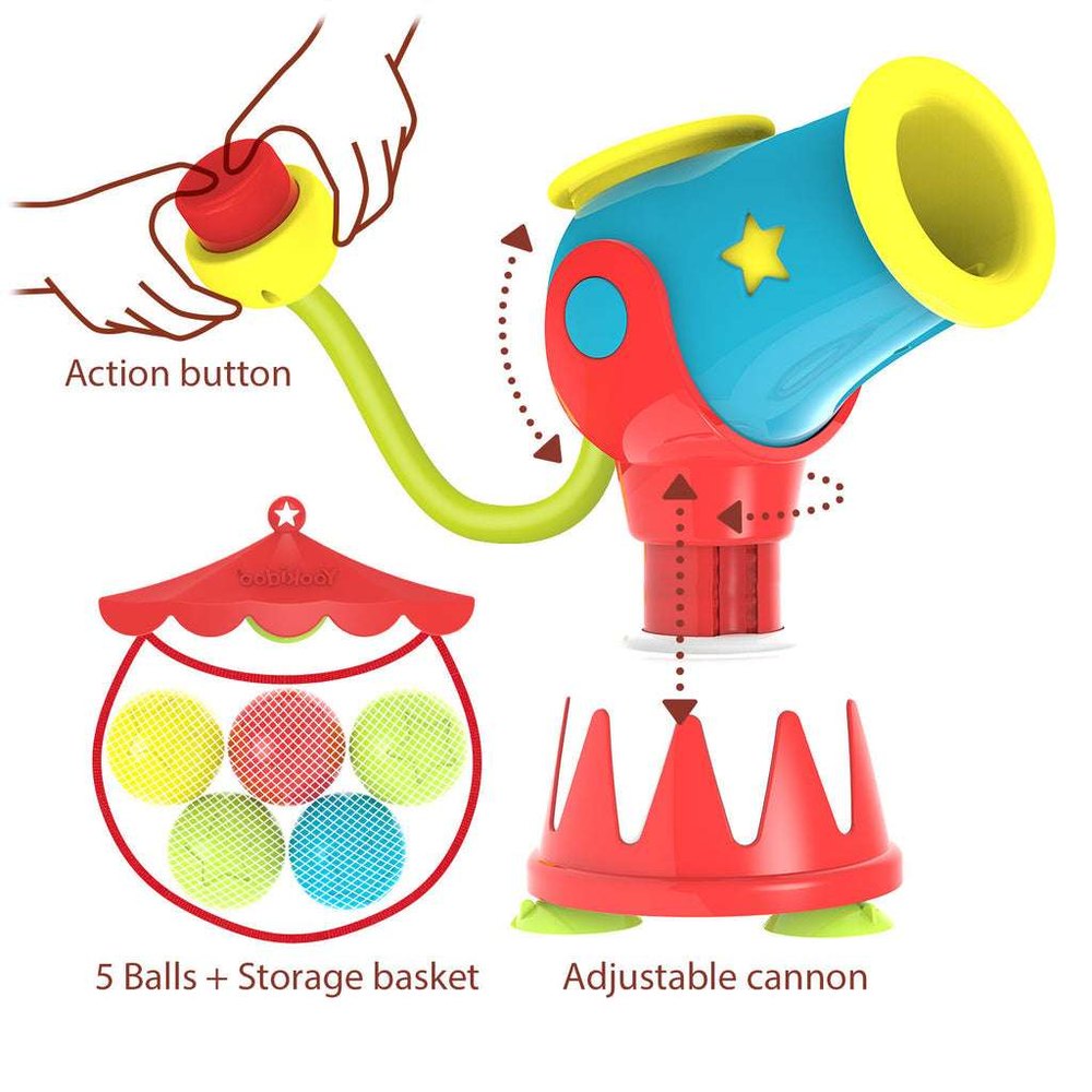 Yookidoo Ball Blaster Water Cannon; blue cannon, red base, yellow accents, with 5-ball storage basket
