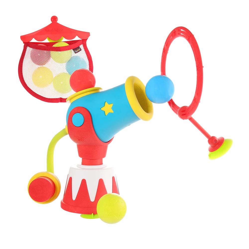 Yookidoo Ball Blaster Water Cannon bath toy with blue body, yellow nozzle, red accents and colorful balls