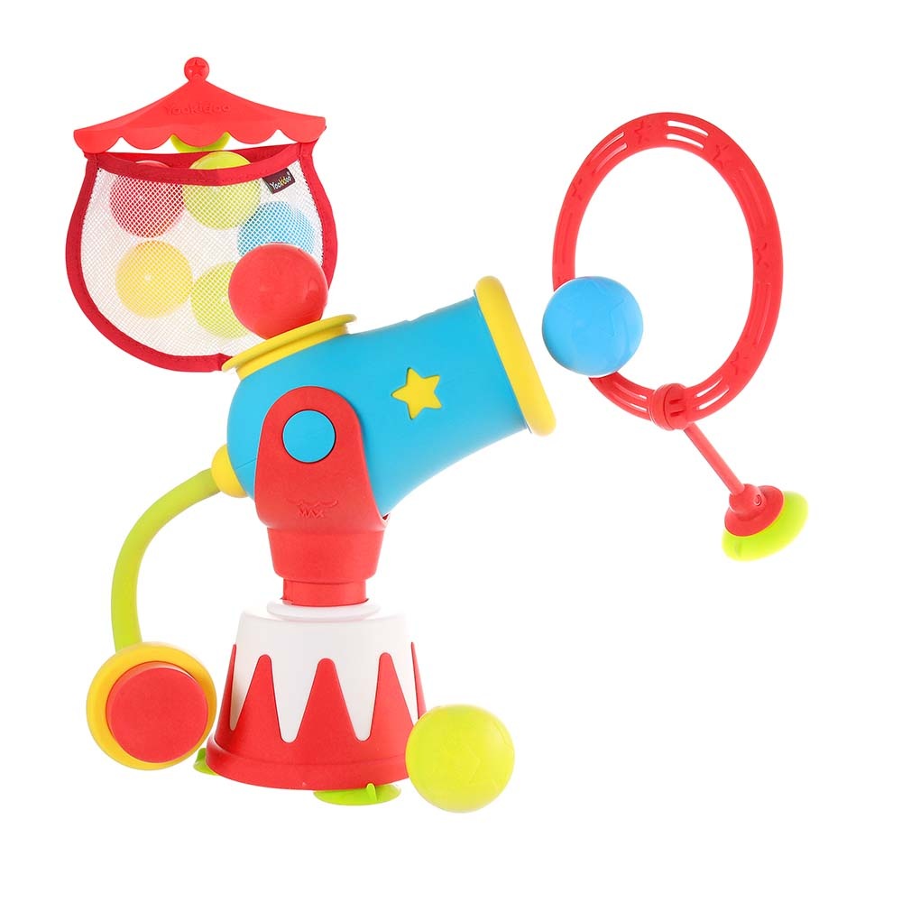 Yookidoo Ball Blaster Water Cannon bath toy with blue body, red accents, yellow base and ball launcher
