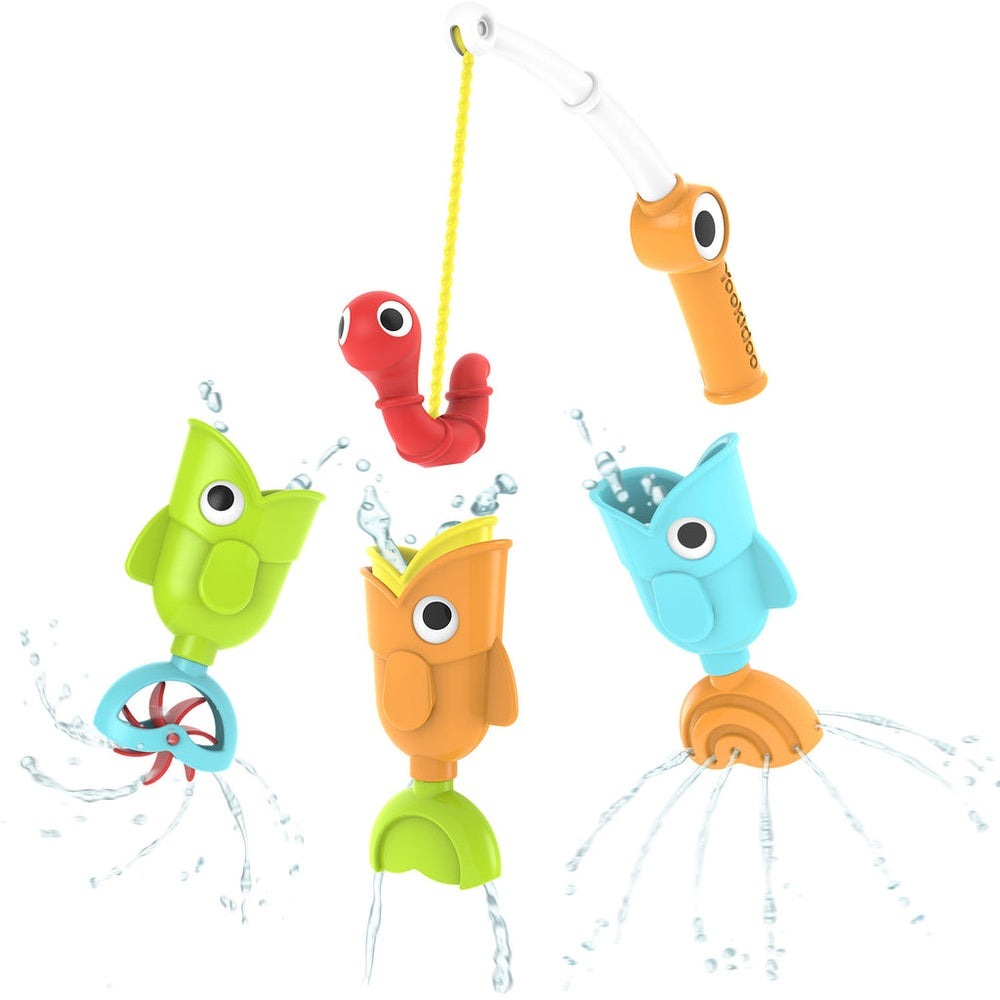 Yookidoo Catch 'N' Sprinkle Fishing Set with four colorful bath fish and a yellow fishing rod
