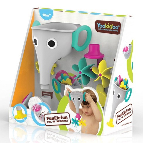Yookidoo Funelefun Fill N Sprinkle Grey bath toy set featuring a grey elephant spout and colorful sprinklers