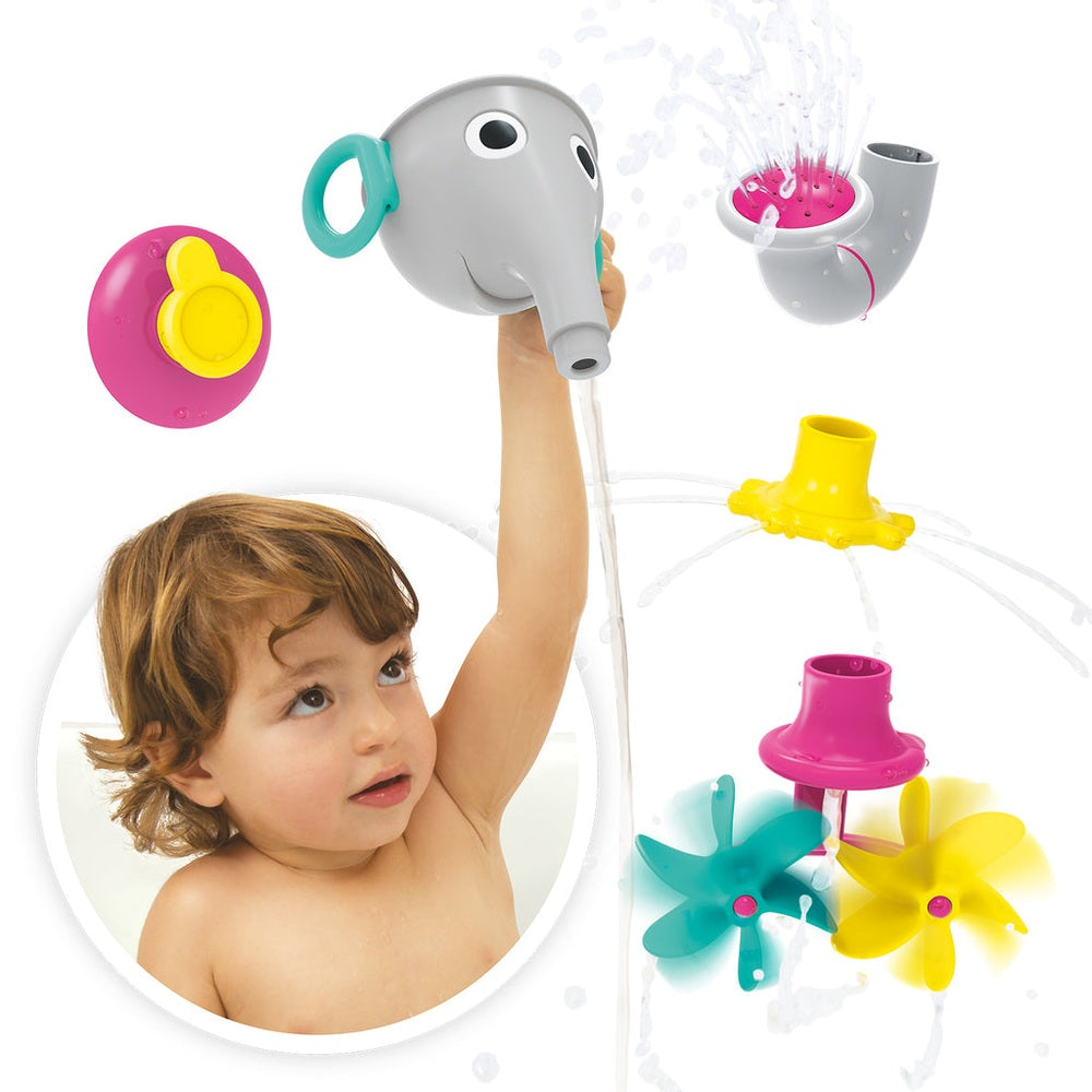 Yookidoo Funelefun Fill N Sprinkle Grey bath toy set featuring an elephant pump and four colorful propellers