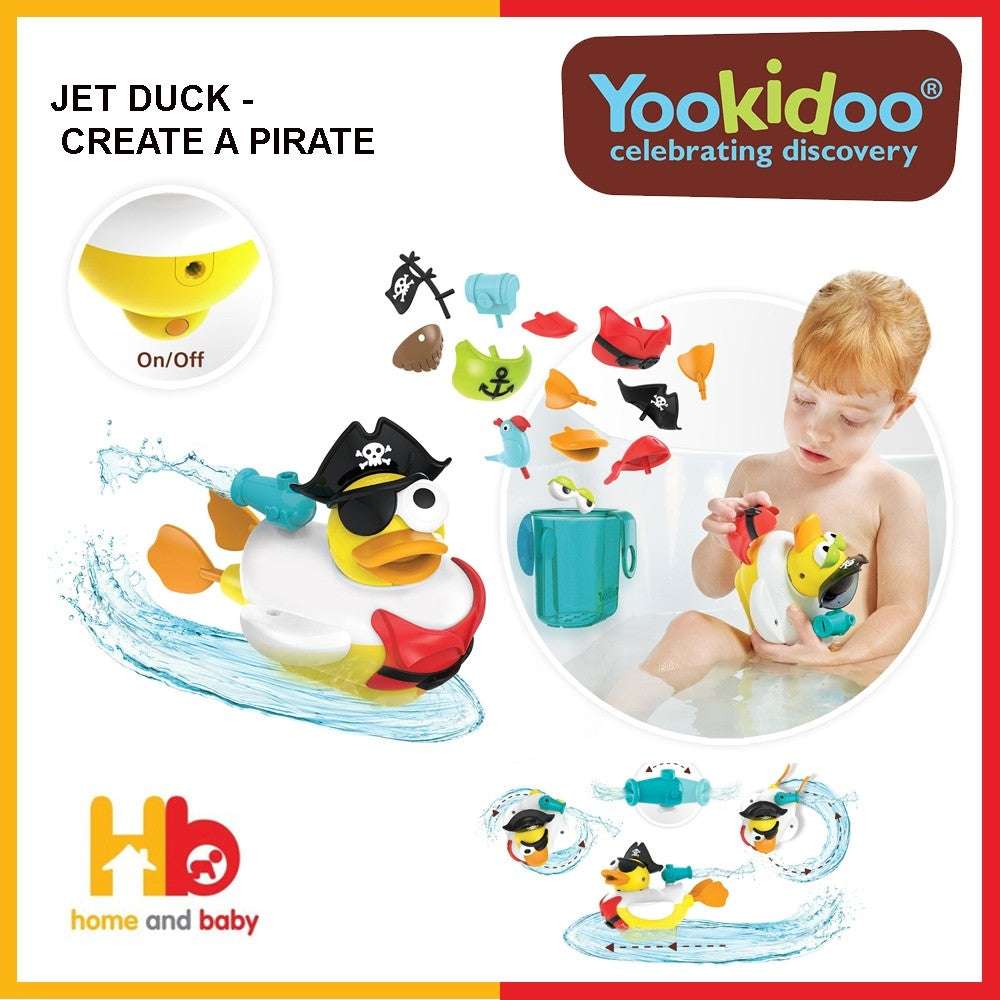 Yookidoo Jet Duck bath toy with yellow pirate duck, water jet launcher and accessories