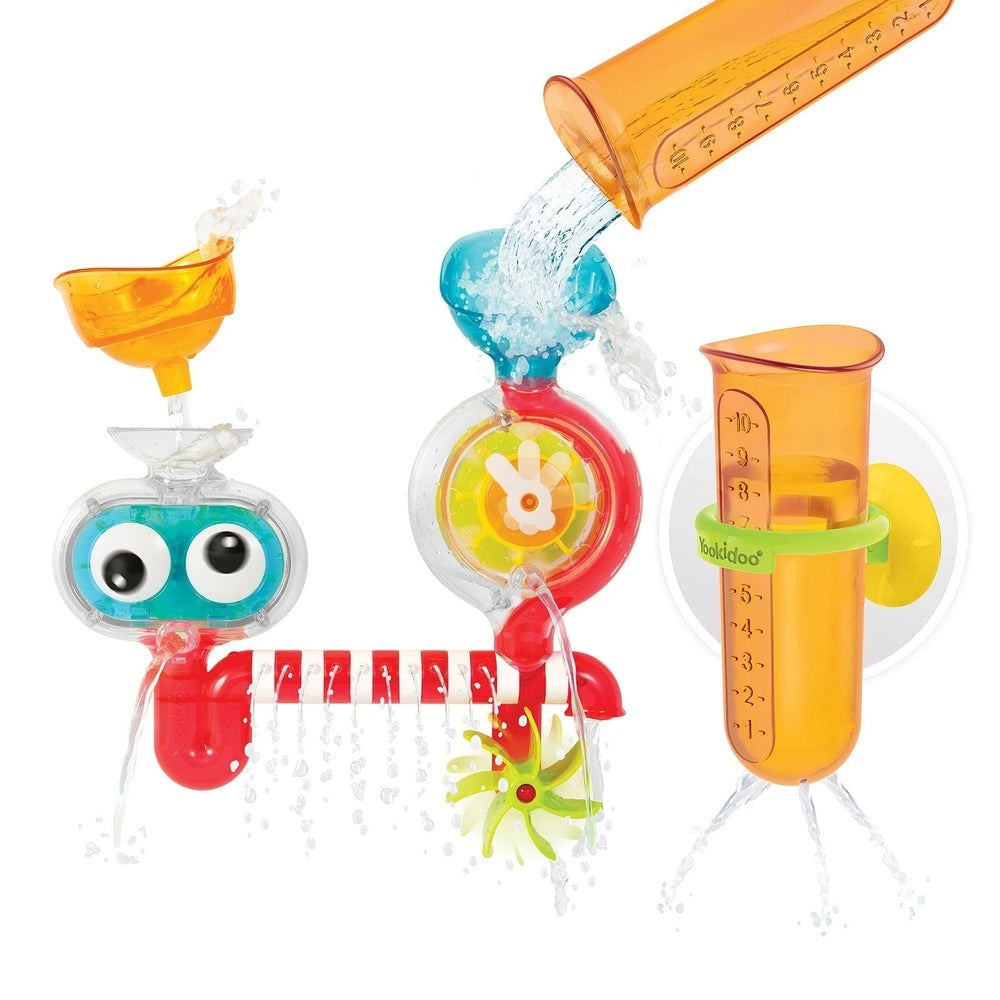 Yookidoo Spin N Sprinkle Water Lab bath toy set with spinning wheel, squirting funnel and colorful tubes