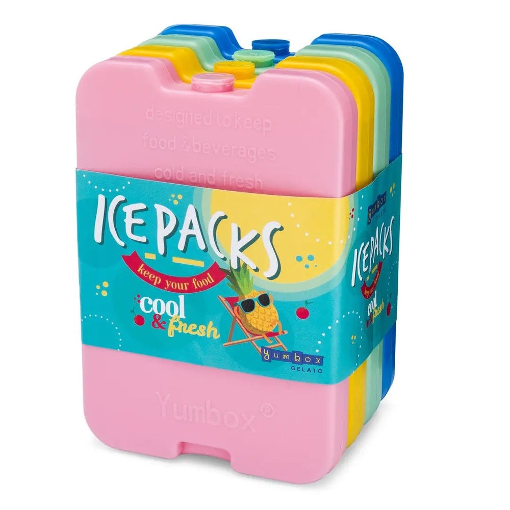 Yumbox Ice Packs Set of 4: pink, blue, yellow and green, neatly stacked in a colorful display.