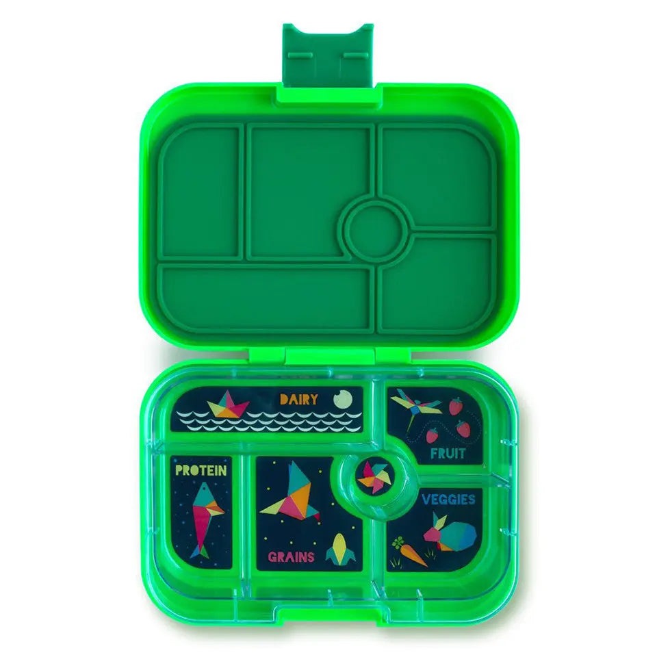 Yumbox Original 6 Compartment Lunchbox in green, open to show labeled dairy, protein, grains, fruit, veggies sections