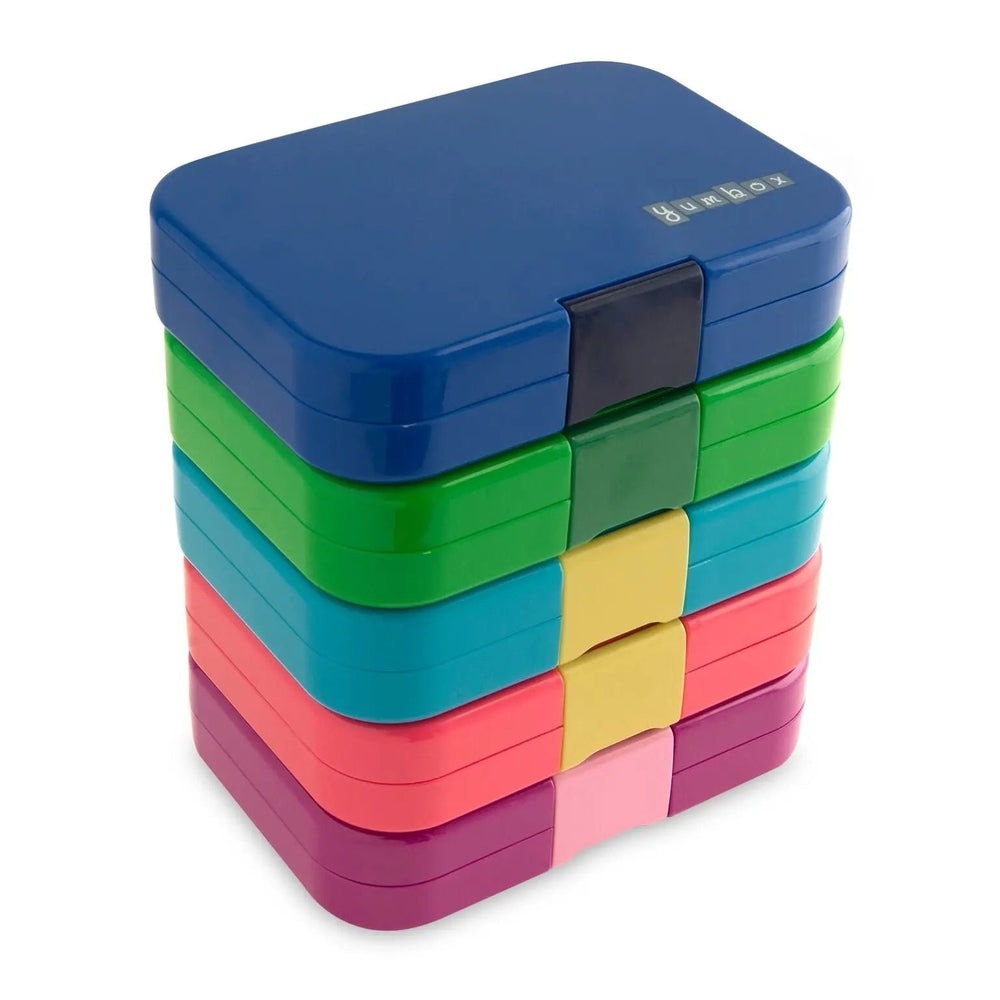 Yumbox Original 6-Compartment lunchbox stack in blue, green, teal, pink, purple with secure latch proving modular design.