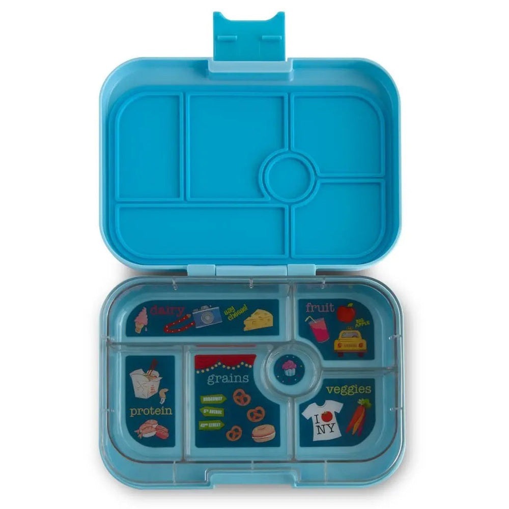 Yumbox Original 6-Compartment lunchbox, blue, open to reveal labeled dairy, fruit, grains, protein, veggies sections.