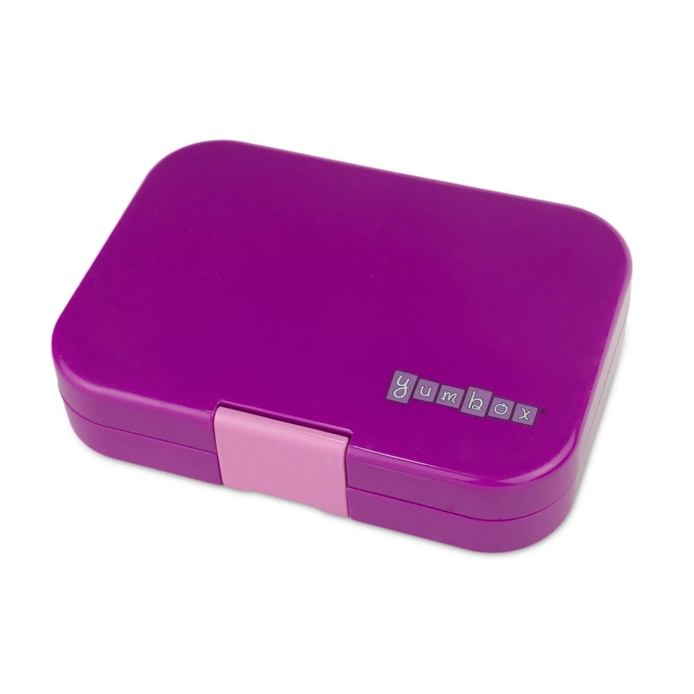 Yumbox Original 6-Compartment lunchbox in purple with a pink latch closed.