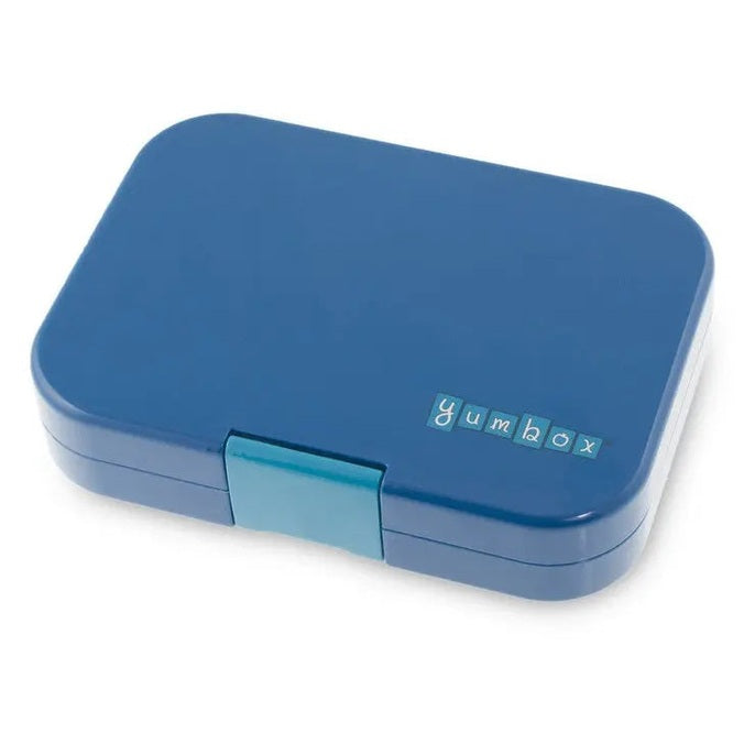 Yumbox Original 6-Compartment Lunchbox in blue with teal latch snapped shut.