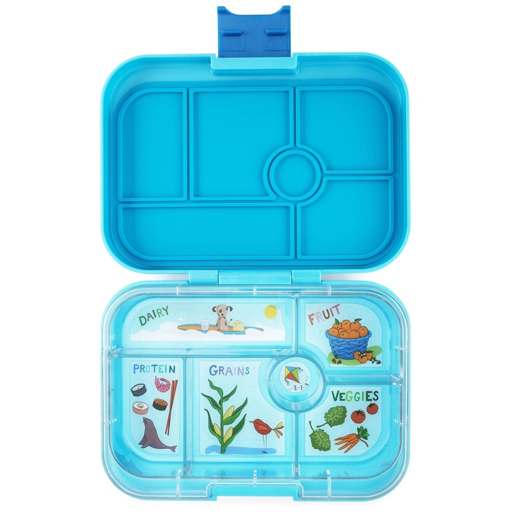 Yumbox Original 6 Compartment Lunchbox blue opens to reveal labeled dairy, fruit, protein, grains, veggies sections.