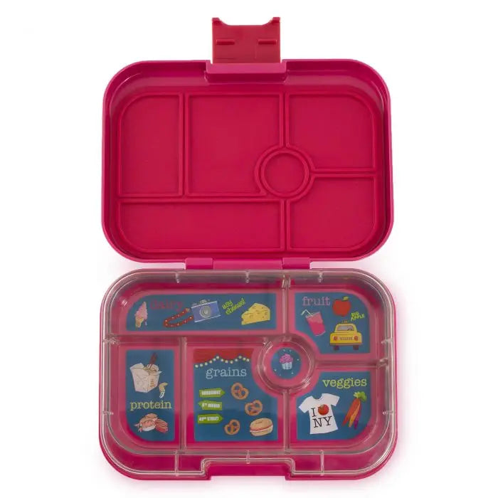Yumbox Original 6-compartment lunchbox in pink, open to reveal blue insert dividers for six meal sections.