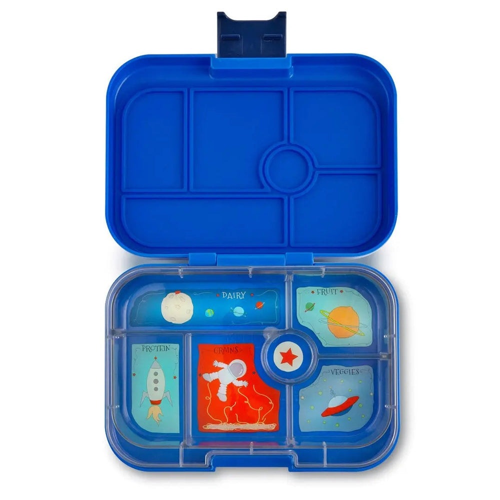 Yumbox Original 6 Compartment Lunchbox in blue, open to reveal its six labeled sections and secure latch.