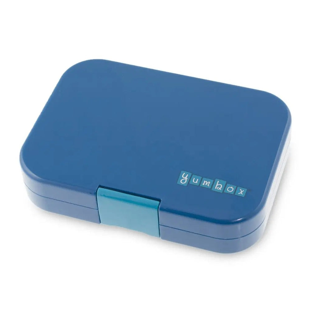Yumbox Panino 4-compartment blue lunchbox, closed with light-blue latch.