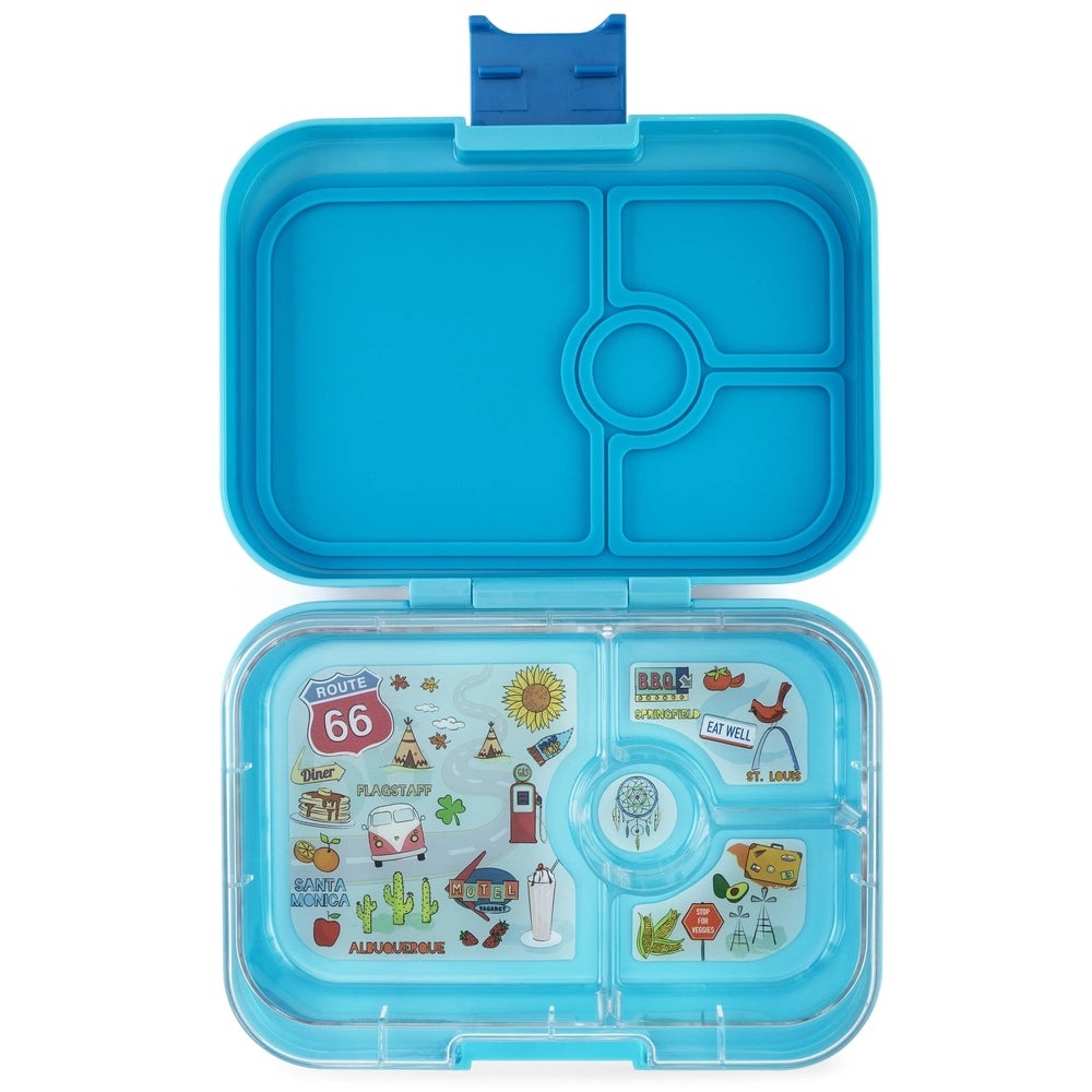 Yumbox Panino 4-Compartment Lunchbox in blue, open to show four molded compartments and stickered tray.