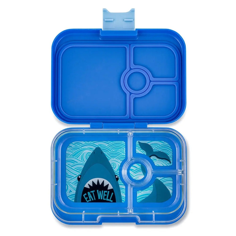 Yumbox Panino 4-Compartment lunchbox, blue lid; open view shows four sections and a shark-themed tray.