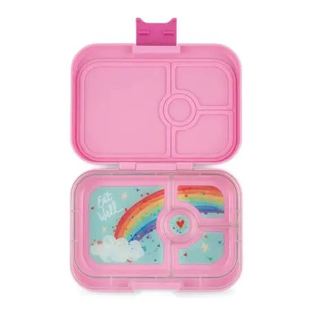 Yumbox Panino four-compartment pink lunchbox open, showing rainbow design in the bottom right tray