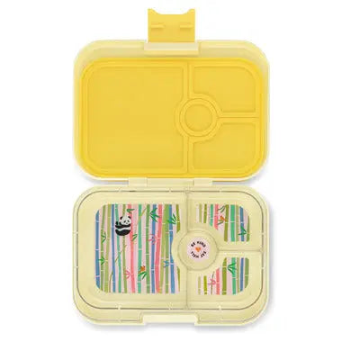 Yumbox Panino 4-compartment lunchbox, yellow lid, opened to reveal colorful striped tray and divided sections.