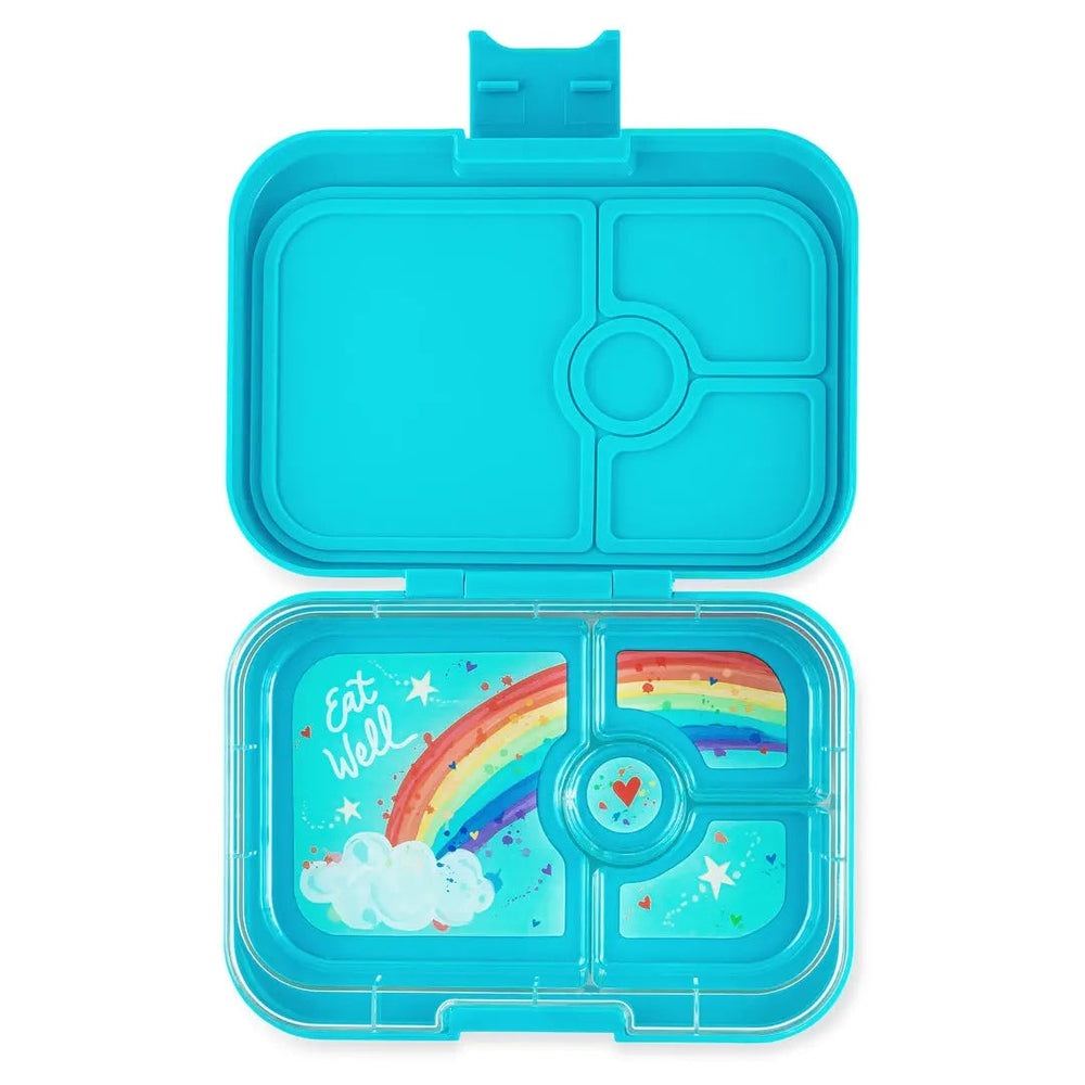 Yumbox Panino 4 Compartment Lunchbox in turquoise, open to reveal rainbow inner trays and divided sections.