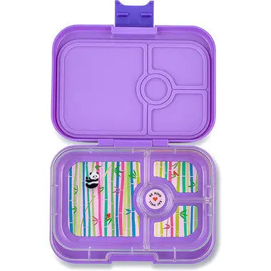 Yumbox Panino 4-compartment lunchbox in purple, opened to reveal separate sections and panda-bamboo pattern.