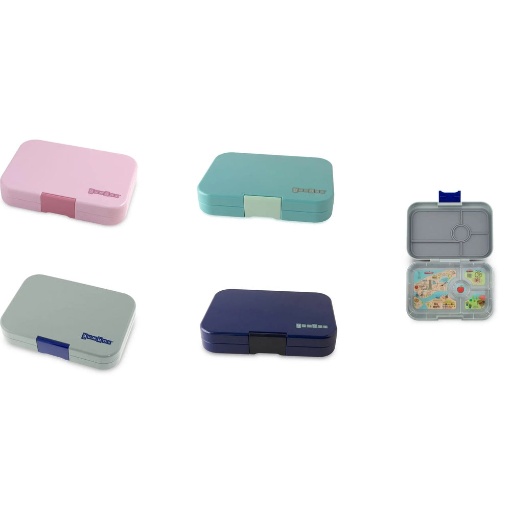 Yumbox Tapas 4-Compartment Lunchbox set in pink, teal, grey and navy; opened to reveal four sections.