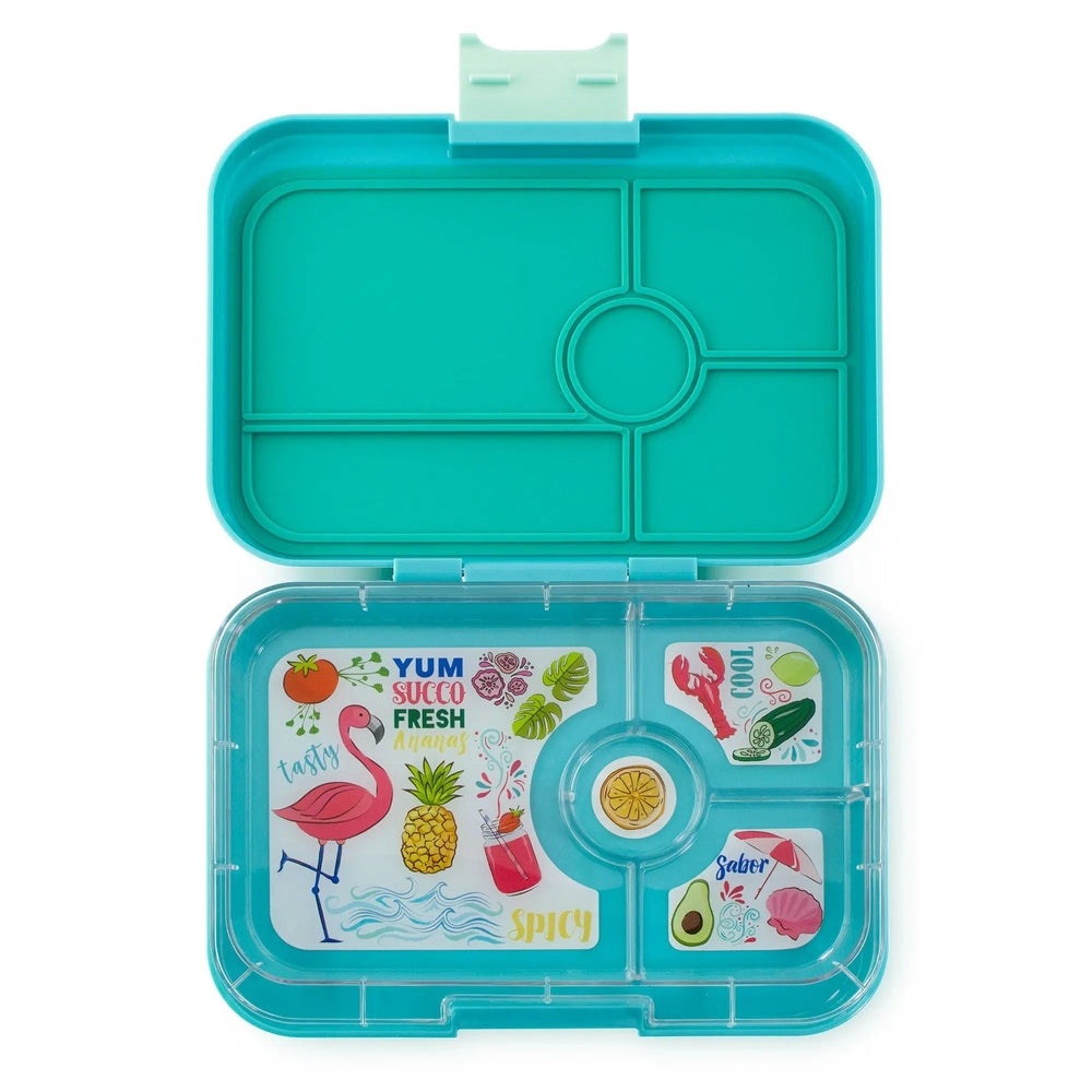 Yumbox Tapas 4-Compartment Lunchbox turquoise, open to show four sections and colorful fruit stickers