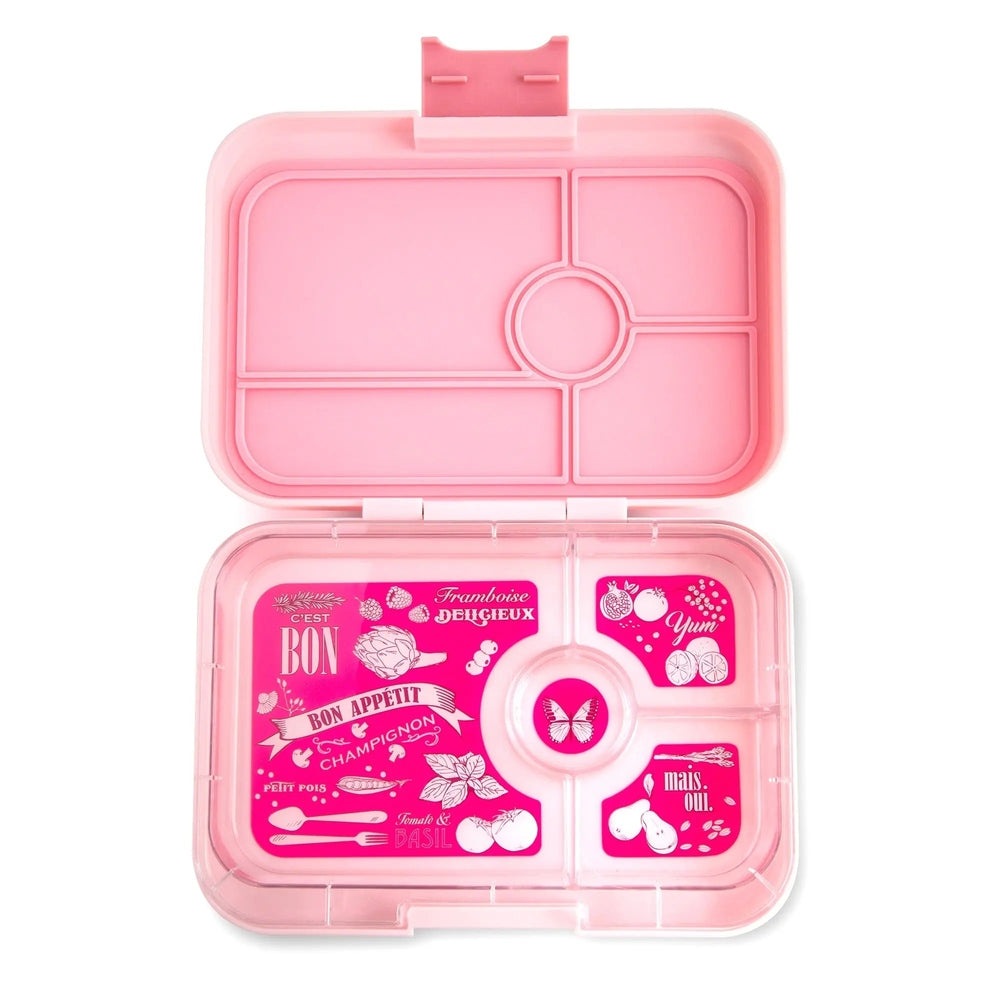 Yumbox Tapas 4 Compartment Lunchbox in pink, open to reveal four sections and central seal.