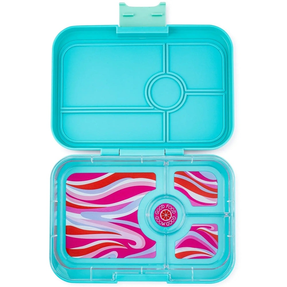 Yumbox Tapas 4-Compartment Lunchbox, turquoise, opens to reveal four compartments with pink zebra-pattern inserts.