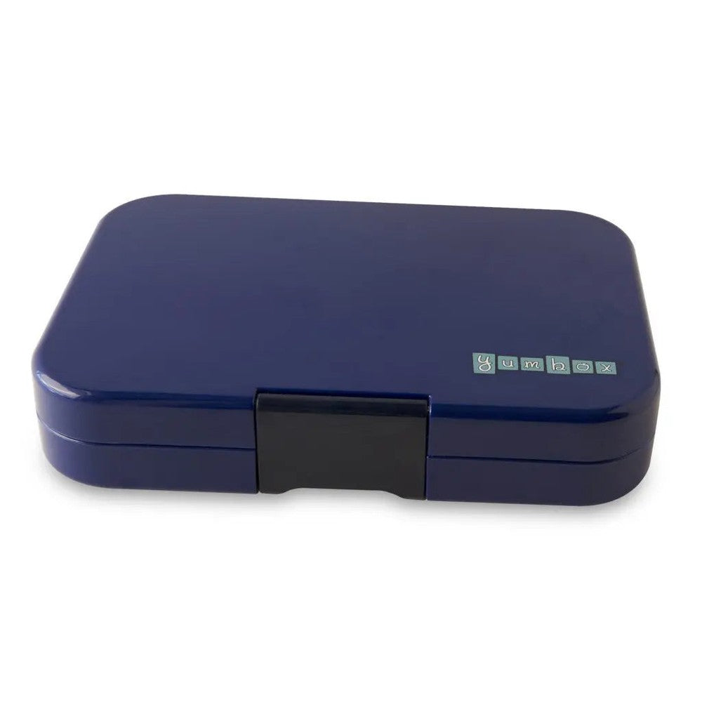 Yumbox Tapas 4 Compartment Lunchbox in navy blue, snapped shut by a black latch.