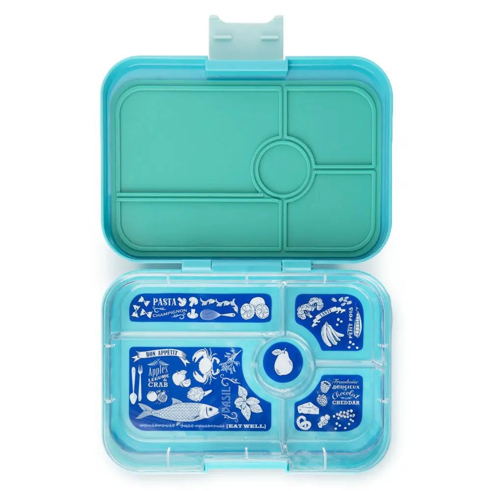 Yumbox Tapas 5-Compartment lunchbox open to reveal turquoise exterior and blue inner trays with five sections.