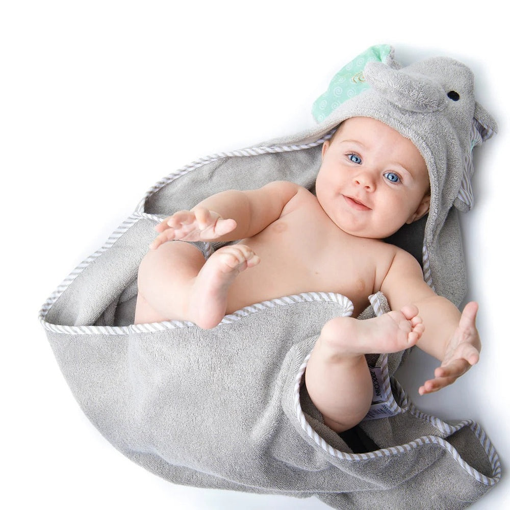 ZOOCCHINI Zoocchini Baby Terry Hooded Bath Towel (0-18M) hooded bath towel shown in image 3 of 13 with animal-inspired details and wrapped c