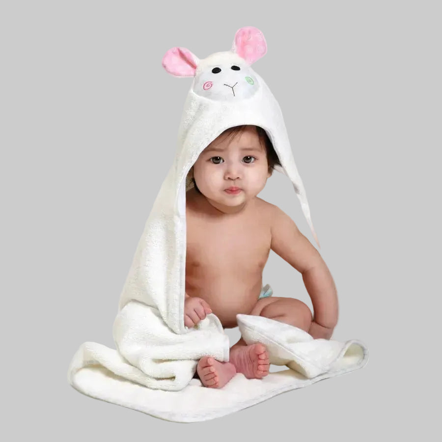 Zoocchini Lola the Lamb hooded baby bath towel in white terry with pink ears.