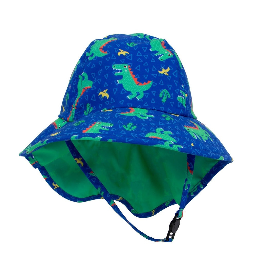 Zoocchini Baby/Toddler Cape Sun Hat-Dinosaur, blue with green dinosaurs, green lining, adjustable chin strap secured under chin