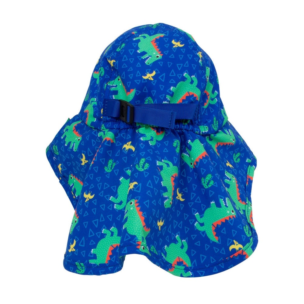 Zoocchini Baby/Toddler Cape Sun Hat-Dinosaur, blue with green dinosaurs; adjustable back strap fastens for secure fit.