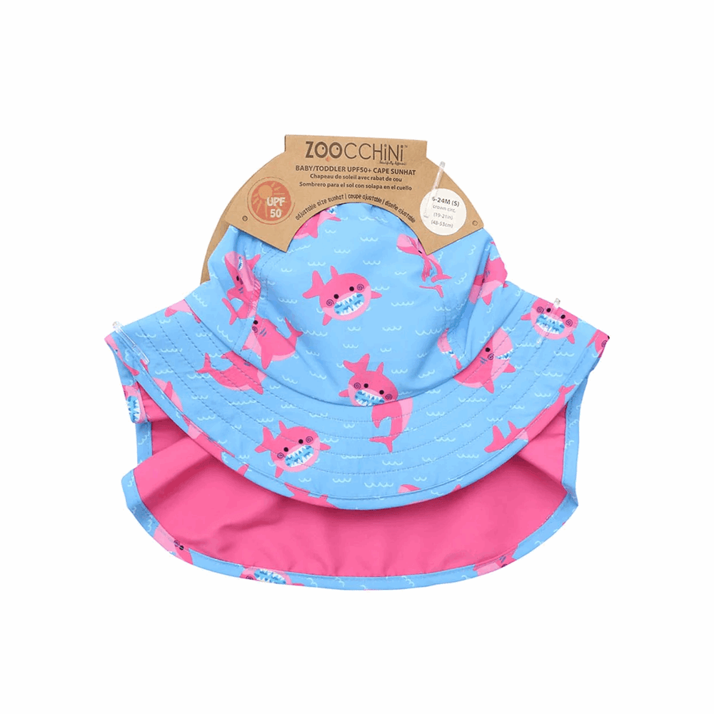 Zoocchini baby/toddler cape sun hat, blue with pink shark print and pink underlay