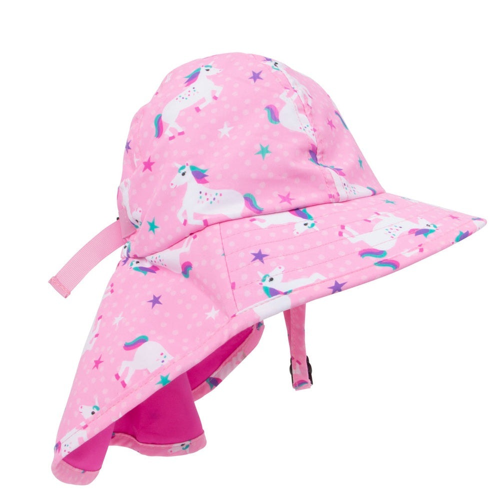 Zoocchini Baby/Toddler Cape Sun Hat-Unicorn, pink with neck flap and white unicorns, stars visible.