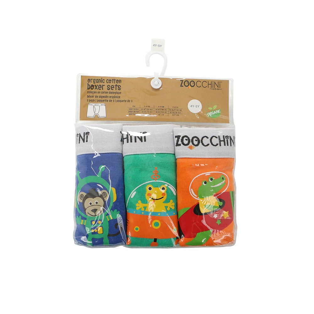 Zoocchini boys organic boxer shorts 3-pack Space Force in blue, green, and orange with space-themed prints